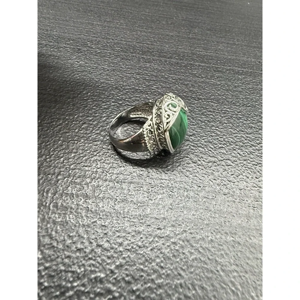 925 Sterling Silver Detailed Malachite Ring Size 7 Hallmarked
